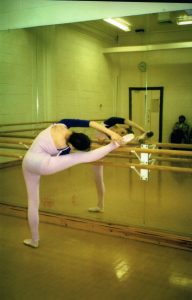 Rachel warming up for class or rehearsals at the Royal Academy.